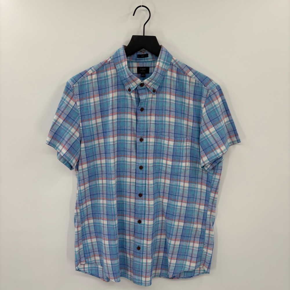 J.Crew Button Down Shirt Mens Large Blue Slim Homespun Plaid Short Sleeve Cotton